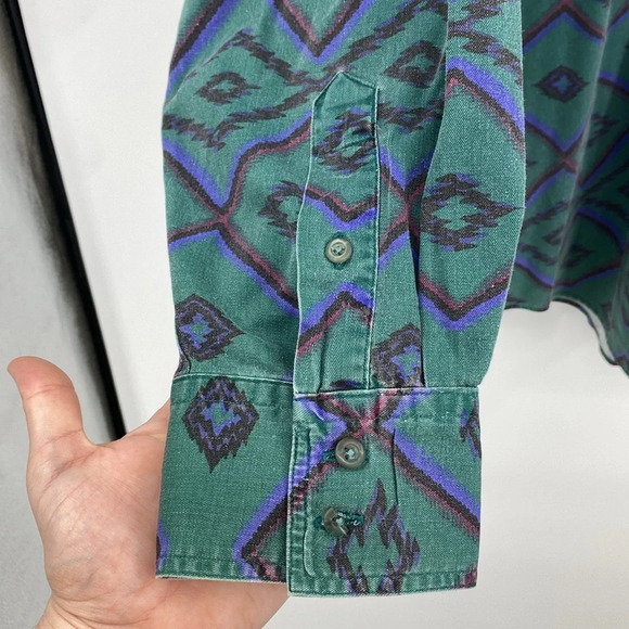 Larry Mahan Button Down Shirt Mens Size Large Green Blue Vintage Rodeo Geometric - Picture 5 of 11